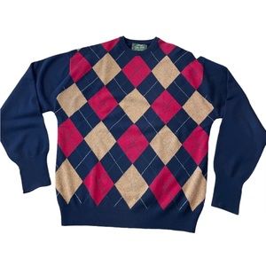 Peter Scott Wool Cashmere Men's Sweater Scotland Navy Red Argyle Size XL
